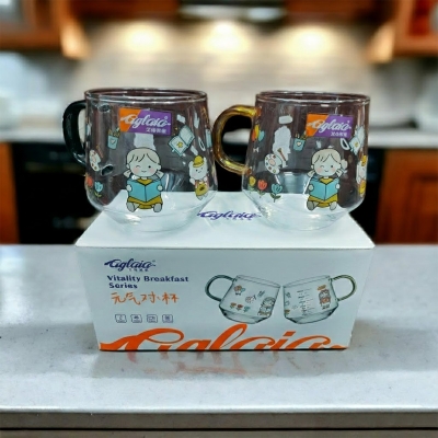 Picture of 1/2 pcs Creative cartoon printed milk cup hot high borosilicate glass large capacity graduated cup colorful glass set(multicolor 2 pcs 420ml)