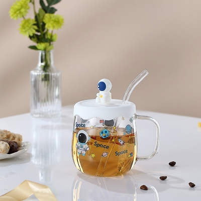 Picture of Creative printed glass straw cup with lid high borosilicate glass heat-resistant mug(astronaut print 500)