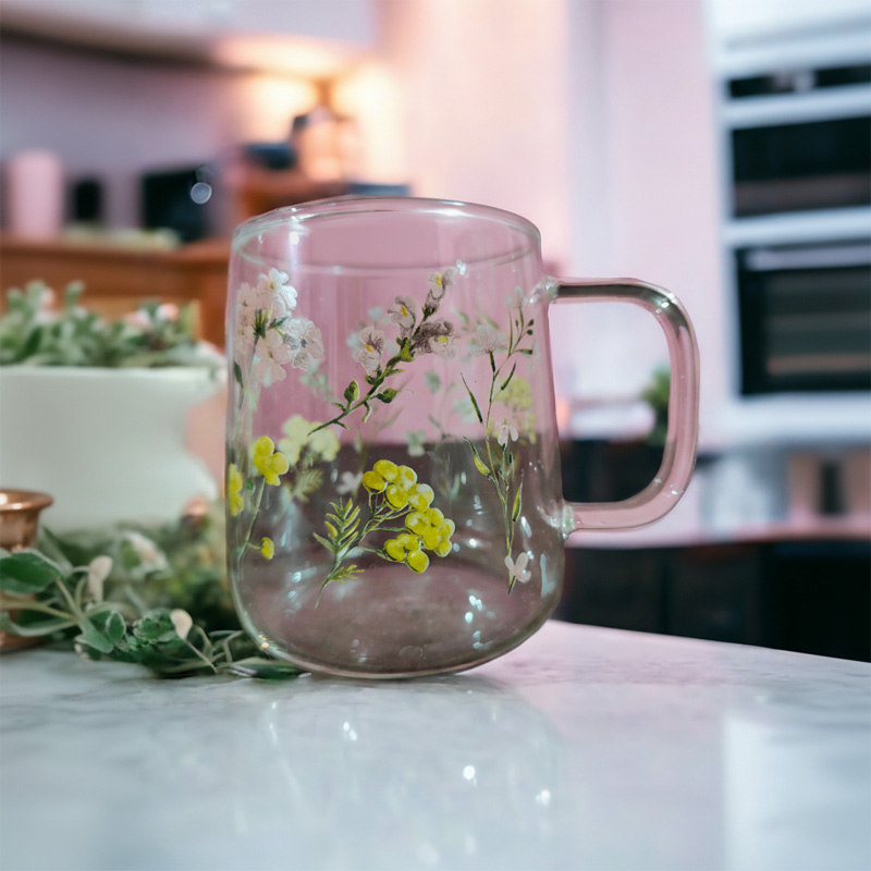 Picture of new 520ml Heat-resistant thickened  glass cup with simple large-capacity drinking cup 4pcs  set(520ml floral 4pcs)