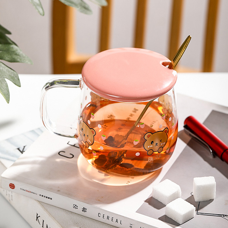 Picture of Creative transparent pot belly cup Japanese flower scale tea cup mug with lid and spoon high borosilicate milk coffee cup - Coffee Mug, WATER MUG(1pcs panda design)