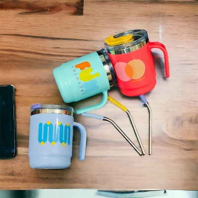 Picture of printed 304 coated hot and cold stainless steel drinking cup, anti-fall, anti-scalding, large-capacity mug, office cup, 400ml with straw(multicolor 1 pcs)