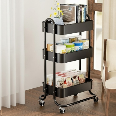 Picture of New Binca 3 layer kitchen rack floor-to-ceiling multi-layer movable trolley rack bathroom rotating mobile rack(multicolour)