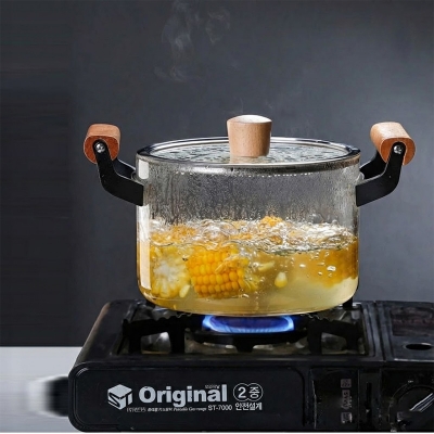 Picture of High Temperature Resistant Transparent Lid With Wooden Handle Stock Pot With Large Capacity Open Flame Heating Glass Double Ear(3.5  litter)