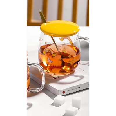 Picture of Creative transparent pot belly cup Japanese flower scale tea cup mug with lid and spoon high borosilicate milk coffee cup - Coffee Mug(1pcs flower design)