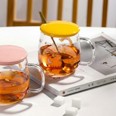 Picture of Creative transparent pot belly cup Japanese flower scale tea cup mug with lid and spoon high borosilicate milk coffee cup - Coffee Mug, WATER MUG(1pcs panda design)