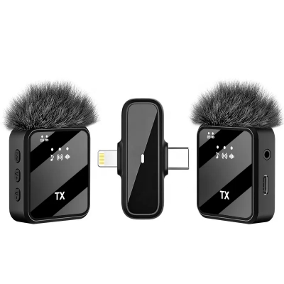 Picture of F15-2 Wireless Microphone | 2-in-1 Collar Mic for Android & iPhone | Noise Reduction Lavalier Clip-On Mic for Recording & Vlogging - Black