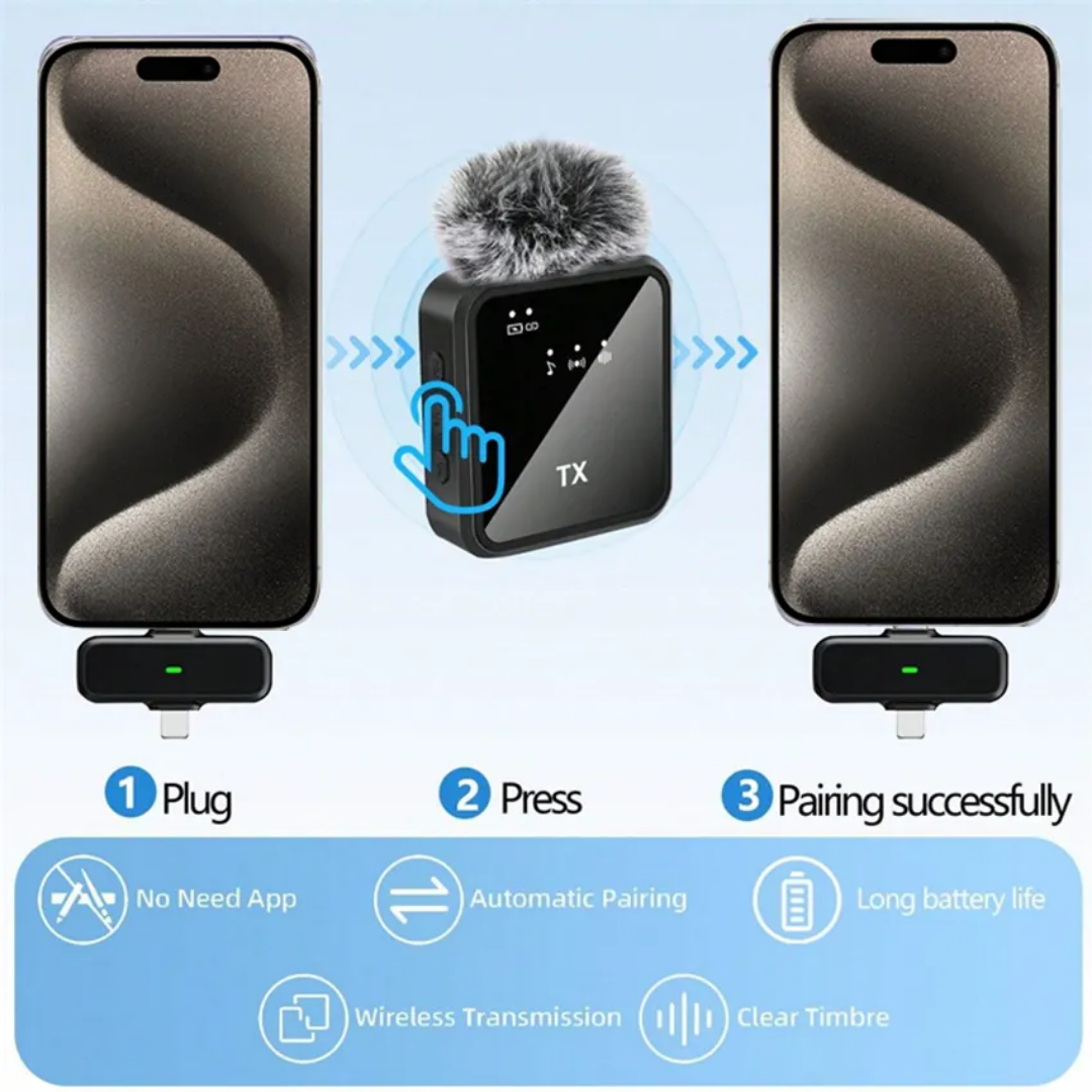 Picture of F15-2 Wireless Microphone | 2-in-1 Collar Mic for Android & iPhone | Noise Reduction Lavalier Clip-On Mic for Recording & Vlogging - Black