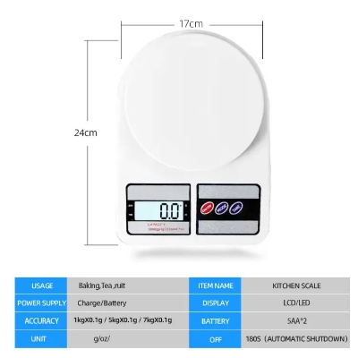 Picture of High Quality SF-400 Digital Kitchen Scale | LCD Food Weighing Scale 5kg/10kg | Electronic Kitchen Scale with 1g Accuracy | AA Battery Powered - White