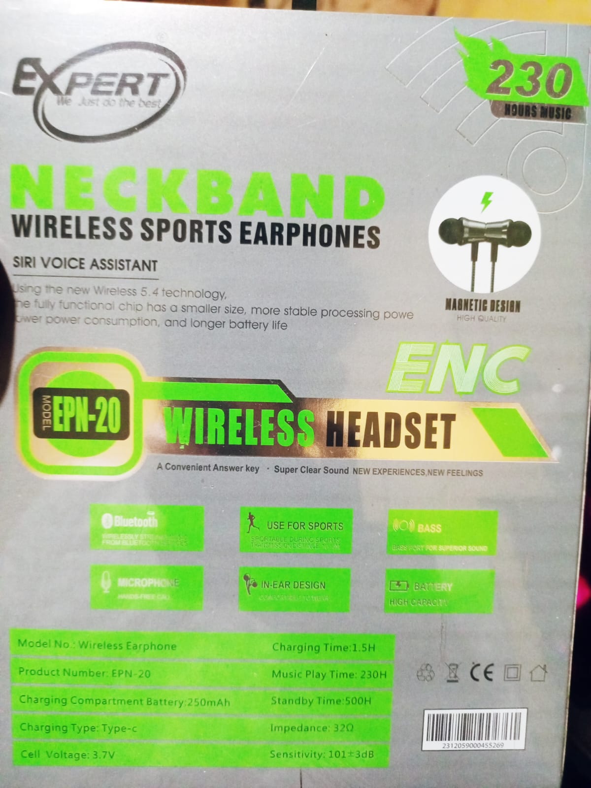 Picture of 230 Hours Voice Changing Mode Expert EPN-20 Wireless Neckband Bluetooth Earphone | 230 Hour Wireless Bluetooth Earphone - Black