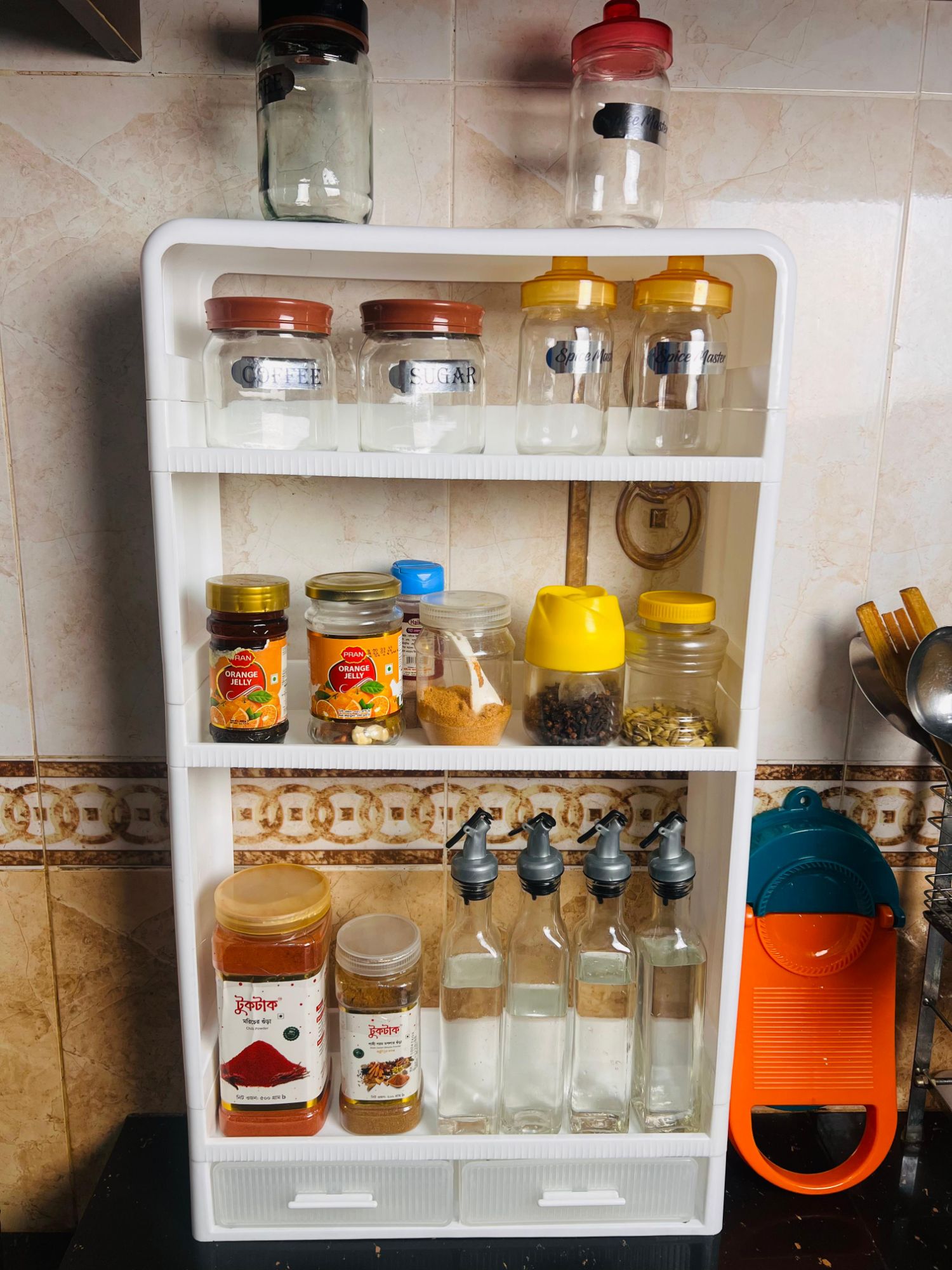 Picture of Big Size Multifunctional Kitchen & Bathroom Storage Rack | Countertop Bottle, Toiletries & Cosmetics Organizer Shelf - White & Black