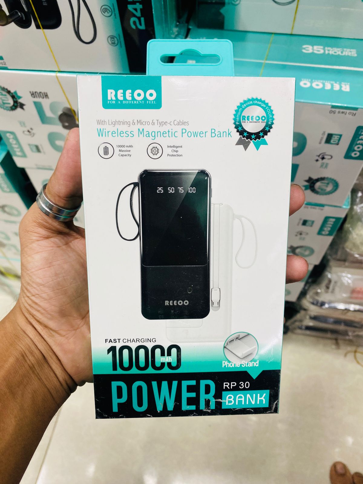 Picture of REEOO 10000mAh High-Quality Power Bank | LED Display | All-in-One Cable Set | Fast Charging Portable Battery - Multicolor