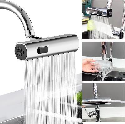 Picture of 360° Rotatable Waterfall Faucet Extension Adapter | 3-Mode Anti-Splash Bubbler Filter | Kitchen Sink & Bathroom Washbasin Nozzle - Silver