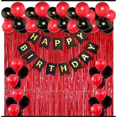 Picture of Full Package Balloons/Red & Black Colored Balloon Decoration Set/Red Color Backdrop/Birthday Decoration Set - Red