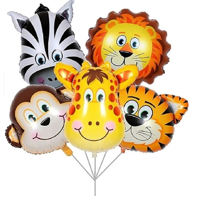 Picture of 5pcs Jungle Safari Animals Head Foil Balloons Tiger Zebra Giraffe Lion Monkey Birthday Party Decorations Supplies