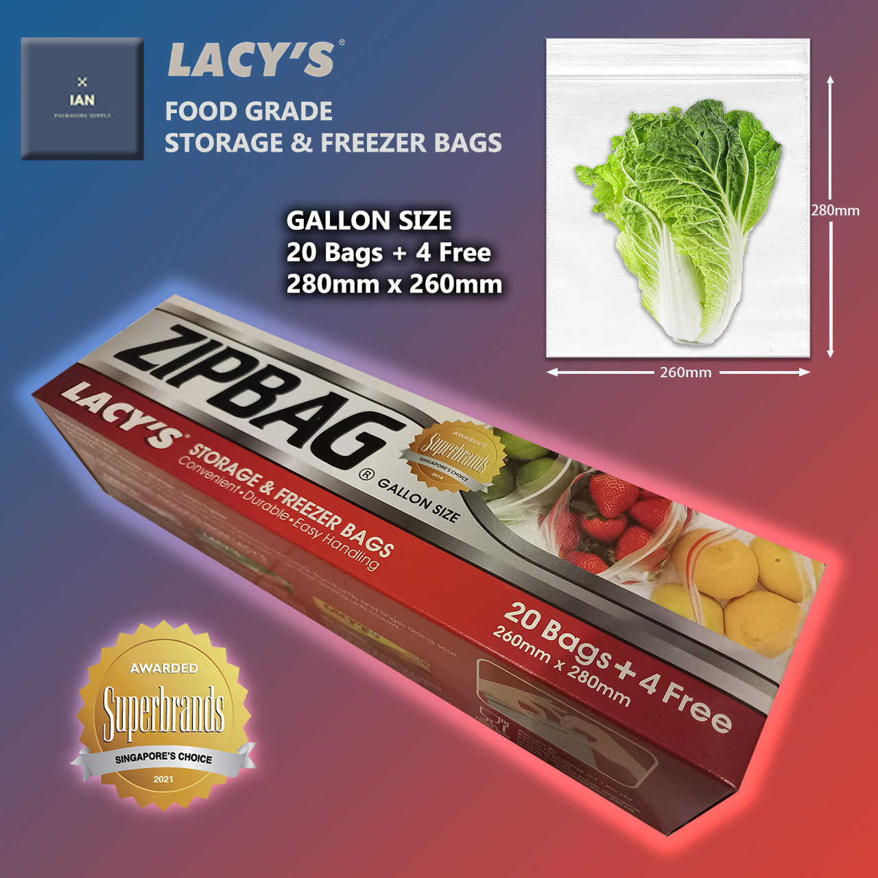 Picture of Lacy's Zipbag Gallon Size 260mm X 280mm (20 Bags+4 Free)