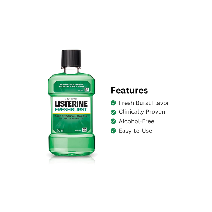 Picture of International European Product Listerine Fresh Burst Mouthwash Liquid, for fresh breath, Removes 99.9% Germs, 250ml