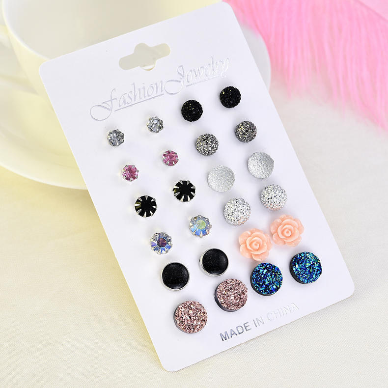 Picture of 12 Pairs New Fashion Assorted Crystal Druzy Resin Stone Round Earrings Set