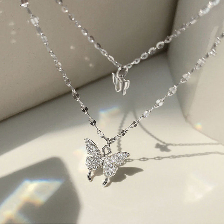 Picture of Understated -Craftsmanship and Trendy -Women Double Layer Pendant Clavicle Chain Silver Butterfly Necklace Choker Chain- Progressively Better