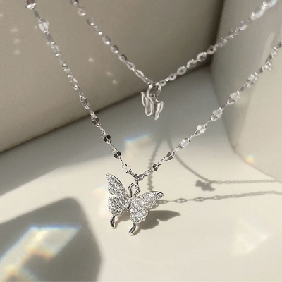 Picture of Understated -Craftsmanship and Trendy -Women Double Layer Pendant Clavicle Chain Silver Butterfly Necklace Choker Chain- Progressively Better