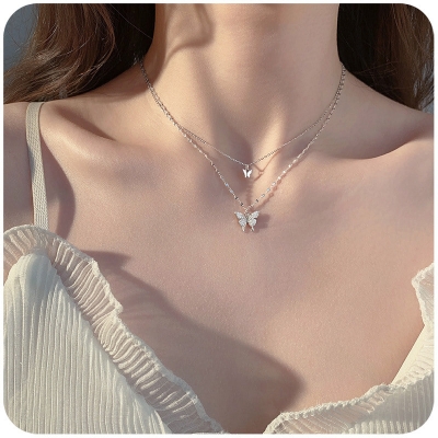 Picture of Understated -Craftsmanship and Trendy -Women Double Layer Pendant Clavicle Chain Silver Butterfly Necklace Choker Chain- Progressively Better