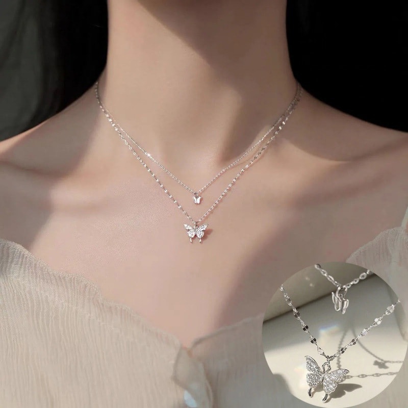Picture of Understated -Craftsmanship and Trendy -Women Double Layer Pendant Clavicle Chain Silver Butterfly Necklace Choker Chain- Progressively Better