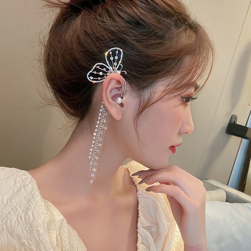 Picture of New Fashion Long Butterfly Clip Earrings Long Stud Earrings Ear Hook Ear Clips No Ears Pierced Chain