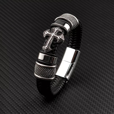 Picture of Versatile -Cross Bracelet High Quality Male Jewelry Bracelet Leather Rope Chain Stainless Steel Magnetic Clasp WristBand- Avant-garde
