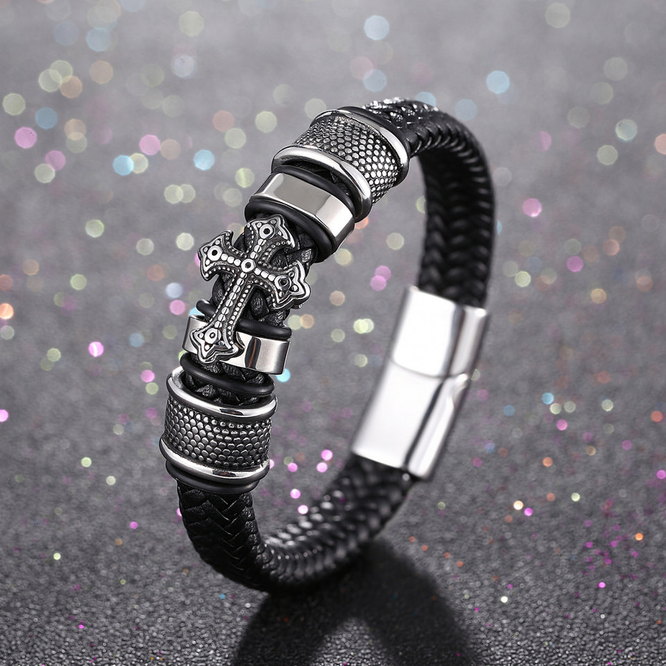 Picture of Versatile -Cross Bracelet High Quality Male Jewelry Bracelet Leather Rope Chain Stainless Steel Magnetic Clasp WristBand- Avant-garde
