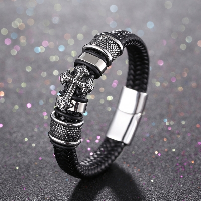 Picture of Versatile -Cross Bracelet High Quality Male Jewelry Bracelet Leather Rope Chain Stainless Steel Magnetic Clasp WristBand- Avant-garde