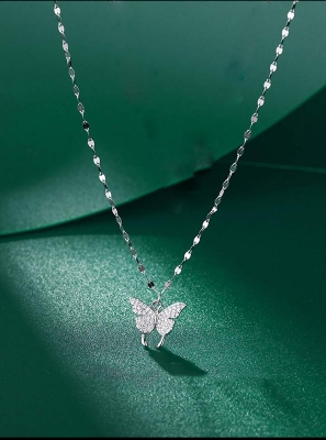 Picture of Silver Simple Brilliant Butterfly Pendant with Cubic Zirconia and Necklace