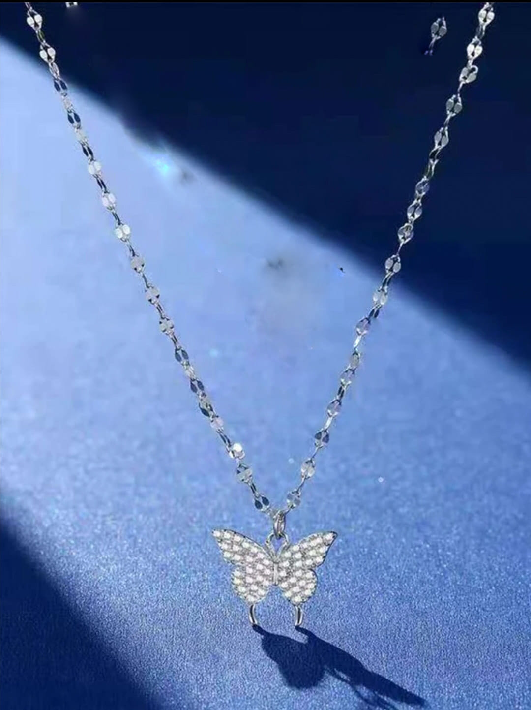Picture of Silver Simple Brilliant Butterfly Pendant with Cubic Zirconia and Necklace