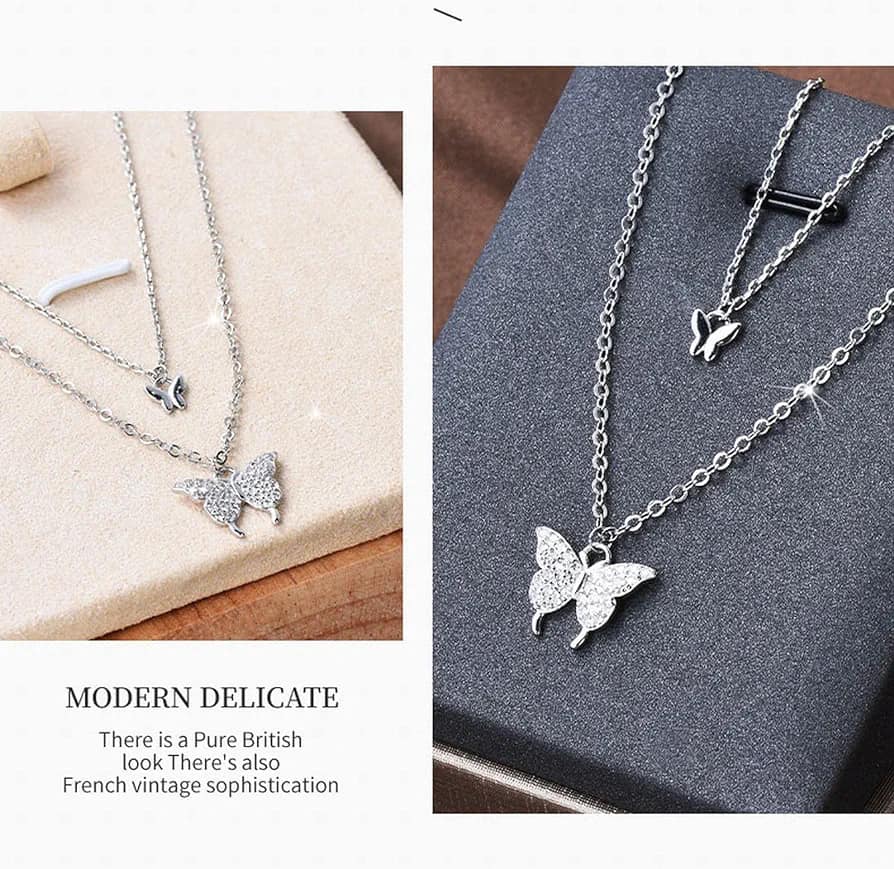 Picture of Trendy Fashionable Double Layer Butterfly Pendant Necklace for women New Collection/ Chain Choker Necklaces for Girls Simple Stylish