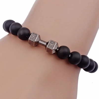 Picture of Fit Life Black Matte Stone Dumbbell Shape Bracelet Fitness Motivation Gym for Men