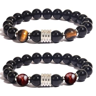 Picture of Men's Fashionable Stainless Steel Eye Tiger Beaded Bracelet With Black Luster Stone Bracelet for Men