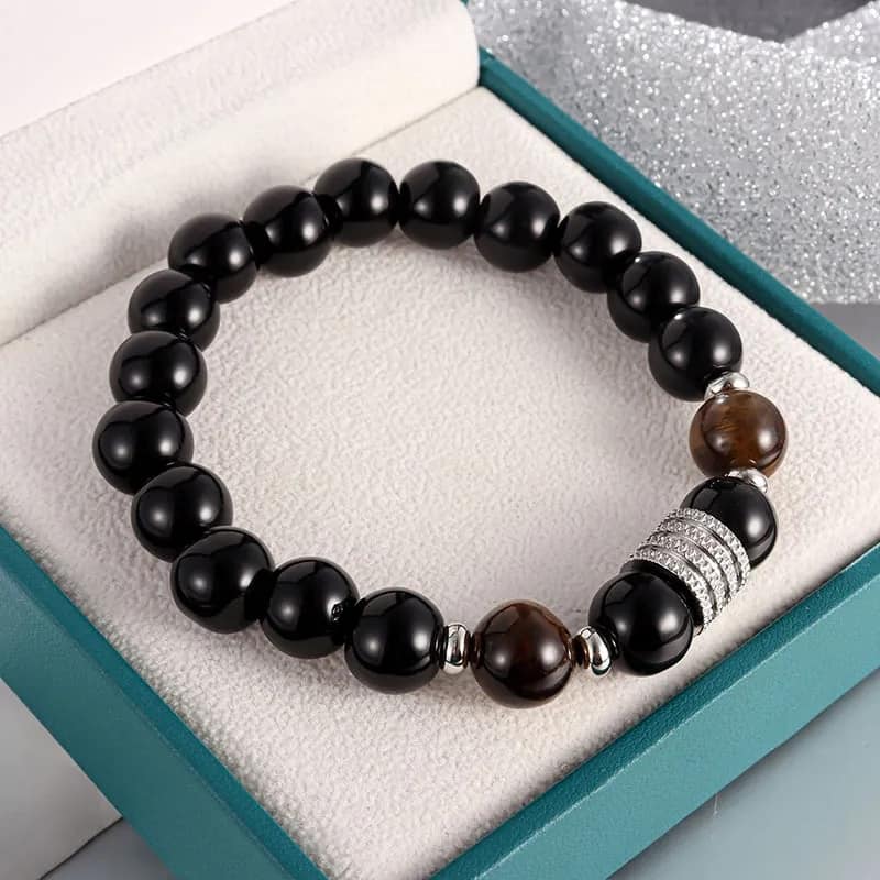 Picture of Men's Fashionable Stainless Steel Eye Tiger Beaded Bracelet With Black Luster Stone Bracelet for Men