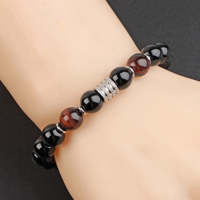 Picture of Men's Fashionable Stainless Steel Eye Tiger Beaded Bracelet With Black Luster Stone Bracelet for Men