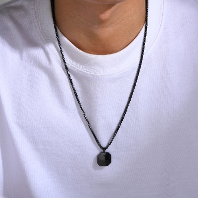Picture of Stainless Steel Square Pendant Black Natural Stone Necklace Men Chain For Men