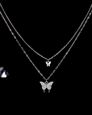 Picture of Trendy Fashionable Double Layer Butterfly Pendant Necklace for women New Collection/ Chain Choker Necklaces for Girls Simple Stylish