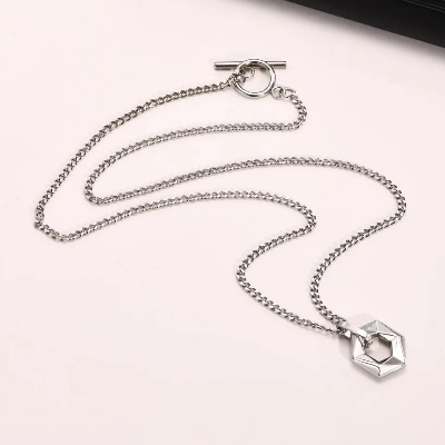 Picture of Titanium Steel Hexagon Pendant Necklace No Fade OT Buckle Silver Hexagon Pendant Necklace For Men