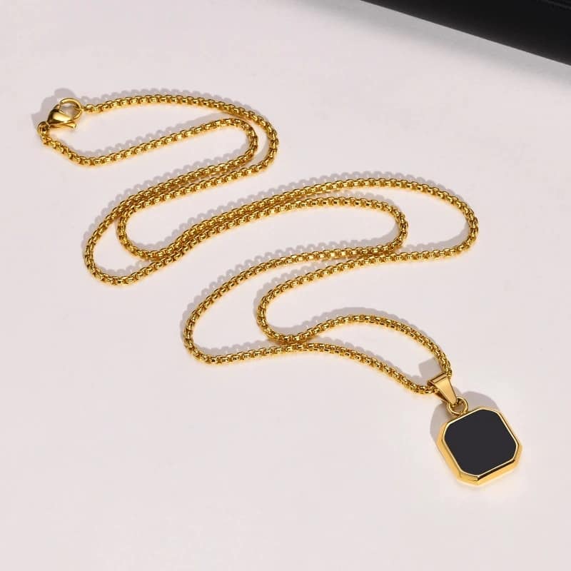 Picture of Square Natural Stone Stainless Steel Golden Metal Chain For Men
