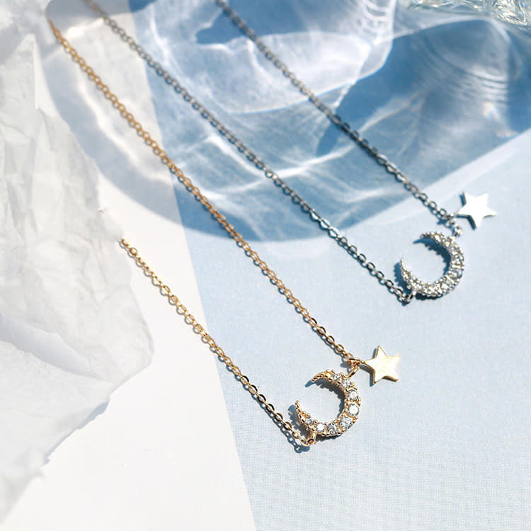 Picture of New Sterling Silver Golden CZ Moon Star Chain Necklace for Women