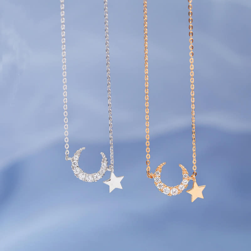 Picture of New Sterling Silver Golden CZ Moon Star Chain Necklace for Women