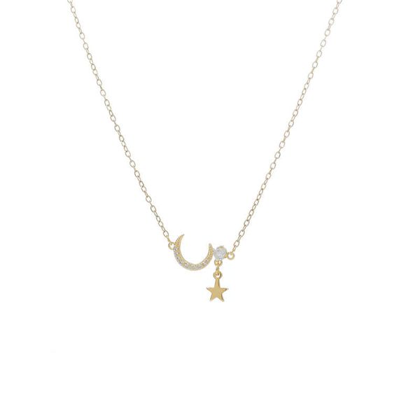 Picture of New Sterling Silver Golden CZ Moon Star Chain Necklace for Women