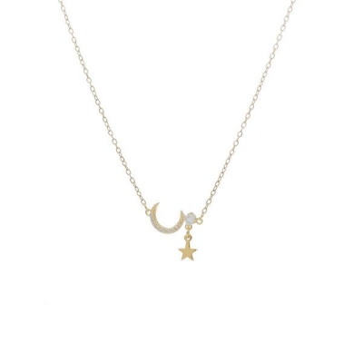 Picture of New Sterling Silver Golden CZ Moon Star Chain Necklace for Women