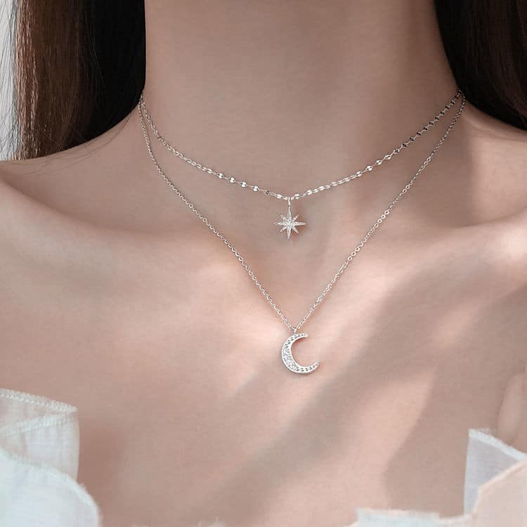 Picture of Simple Double Layer Star Moon Charm Multilayered Necklace  Chain For Women