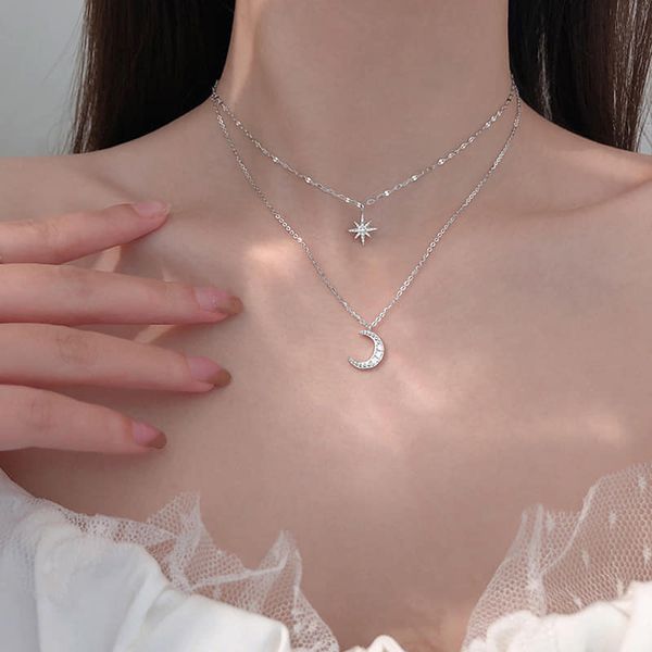 Picture of Simple Double Layer Star Moon Charm Multilayered Necklace  Chain For Women