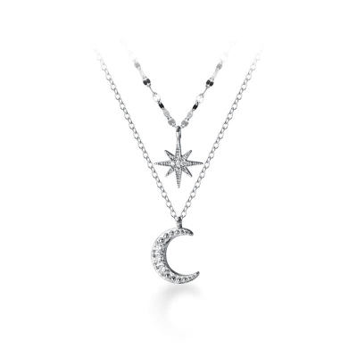 Picture of New Zircon Moon Pendant Necklace for Women Fashion Jewelry  Double Layer Star Moon Charm Chain For Women