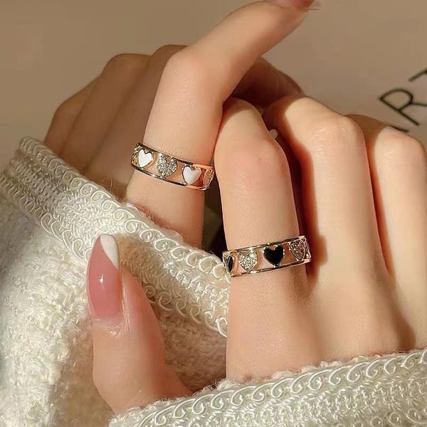 Picture of Black and white love heart ring for women drip oil opening rings band rings for women fashion wedding party accessories