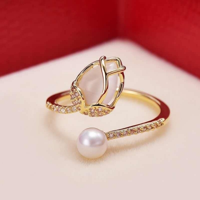 Picture of Gold Tulip Flower Bud Opal Ring Women's Daily Life Simple Pearl Opening Ring -Flower Open Rings Fashion Jewelry- Ring For Girls