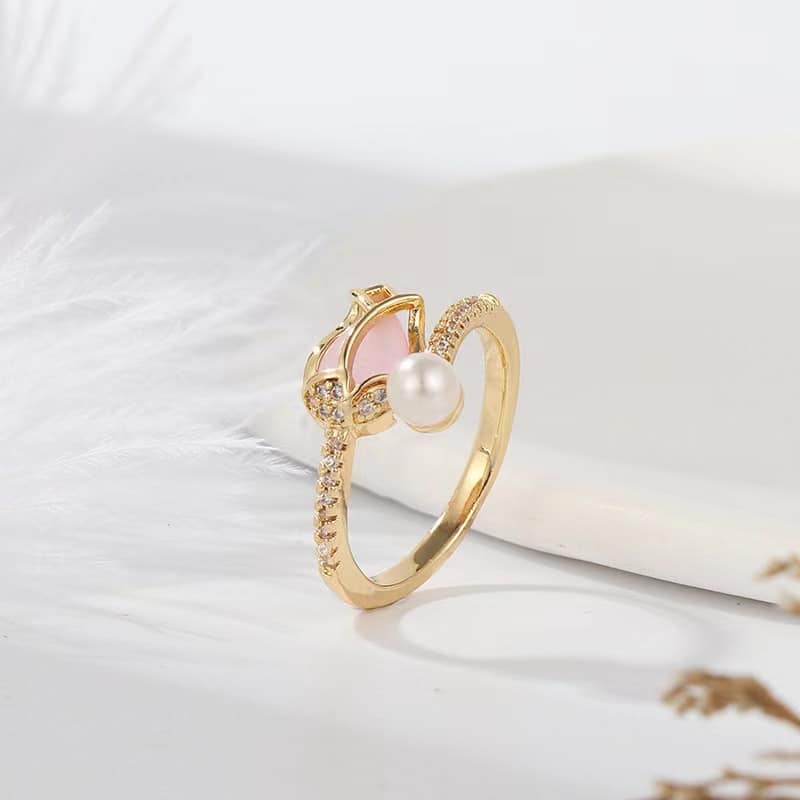 Picture of Gold Tulip Flower Bud Opal Ring Women's Daily Life Simple Pearl Opening Ring -Flower Open Rings Fashion Jewelry- Ring For Girls
